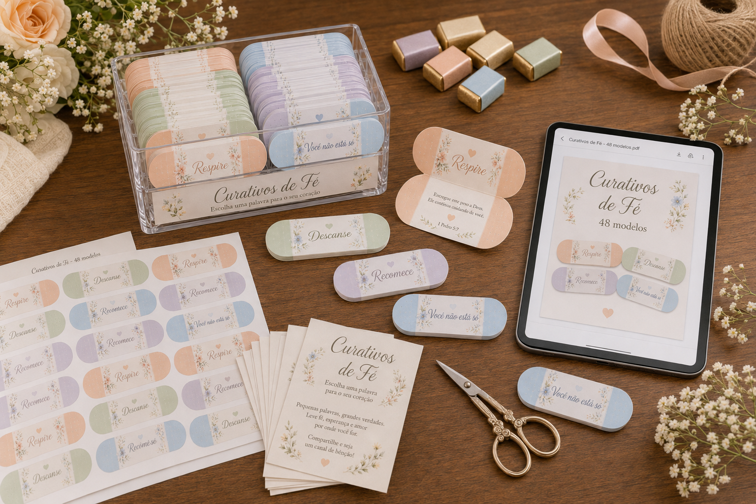 Kit Curativos de Fé com folhas impressas, cartões, tesoura e visualização em tablet